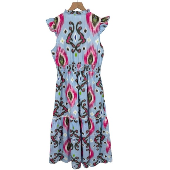 Sal Rosa Multicolor Ikat Print Tiered Maxi Dress XL Boho V-Neck Ruffle Sleeve - Picture 4 of 7